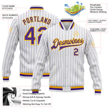 Load image into Gallery viewer, Custom White Purple Pinstripe Purple-Gold Bomber Full-Snap Varsity Letterman Jacket
