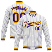 Load image into Gallery viewer, Custom White Purple Pinstripe Purple-Gold Bomber Full-Snap Varsity Letterman Jacket
