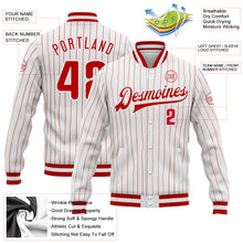 Load image into Gallery viewer, Custom White Red Pinstripe Red-White Bomber Full-Snap Varsity Letterman Jacket
