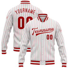 Load image into Gallery viewer, Custom White Red Pinstripe Red-White Bomber Full-Snap Varsity Letterman Jacket
