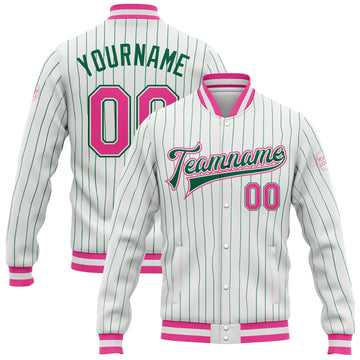 Custom White Kelly Green Pinstripe Pink-Kelly Green Bomber Full-Snap Varsity Letterman Jacket