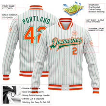 Load image into Gallery viewer, Custom White Kelly Green Pinstripe Orange-Kelly Green Bomber Full-Snap Varsity Letterman Jacket
