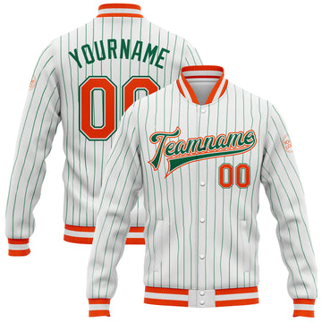 Custom White Kelly Green Pinstripe Orange-Kelly Green Bomber Full-Snap Varsity Letterman Jacket