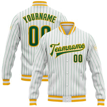 Load image into Gallery viewer, Custom White Kelly Green Pinstripe Kelly Green-Gold Bomber Full-Snap Varsity Letterman Jacket
