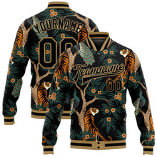 Load image into Gallery viewer, Custom Black Black-Old Gold Tiger And Peacock 3D Pattern Design Bomber Full-Snap Varsity Letterman Jacket
