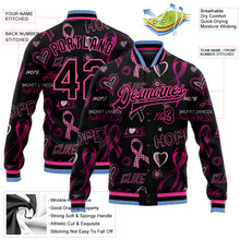 Load image into Gallery viewer, Custom Black Black Pink-Light Blue Pink Ribbon Breast Cancer Awareness 3D Pattern Design Bomber Full-Snap Varsity Letterman Jacket
