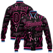 Load image into Gallery viewer, Custom Black Black Pink-Light Blue Pink Ribbon Breast Cancer Awareness 3D Pattern Design Bomber Full-Snap Varsity Letterman Jacket
