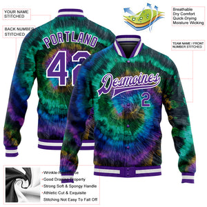 Custom Tie Dye Purple-White Rainbow 3D Bomber Full-Snap Varsity Letterman Jacket