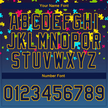 Load image into Gallery viewer, Custom Autism Awareness Puzzle Pieces Navy-Gold 3D Bomber Full-Snap Varsity Letterman Jacket
