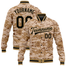 Load image into Gallery viewer, Custom Camo Black-Old Gold 3D Bomber Full-Snap Varsity Letterman Salute To Service Jacket
