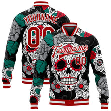 Load image into Gallery viewer, Custom Black Red-White Skull Fashion 3D Bomber Full-Snap Varsity Letterman Jacket
