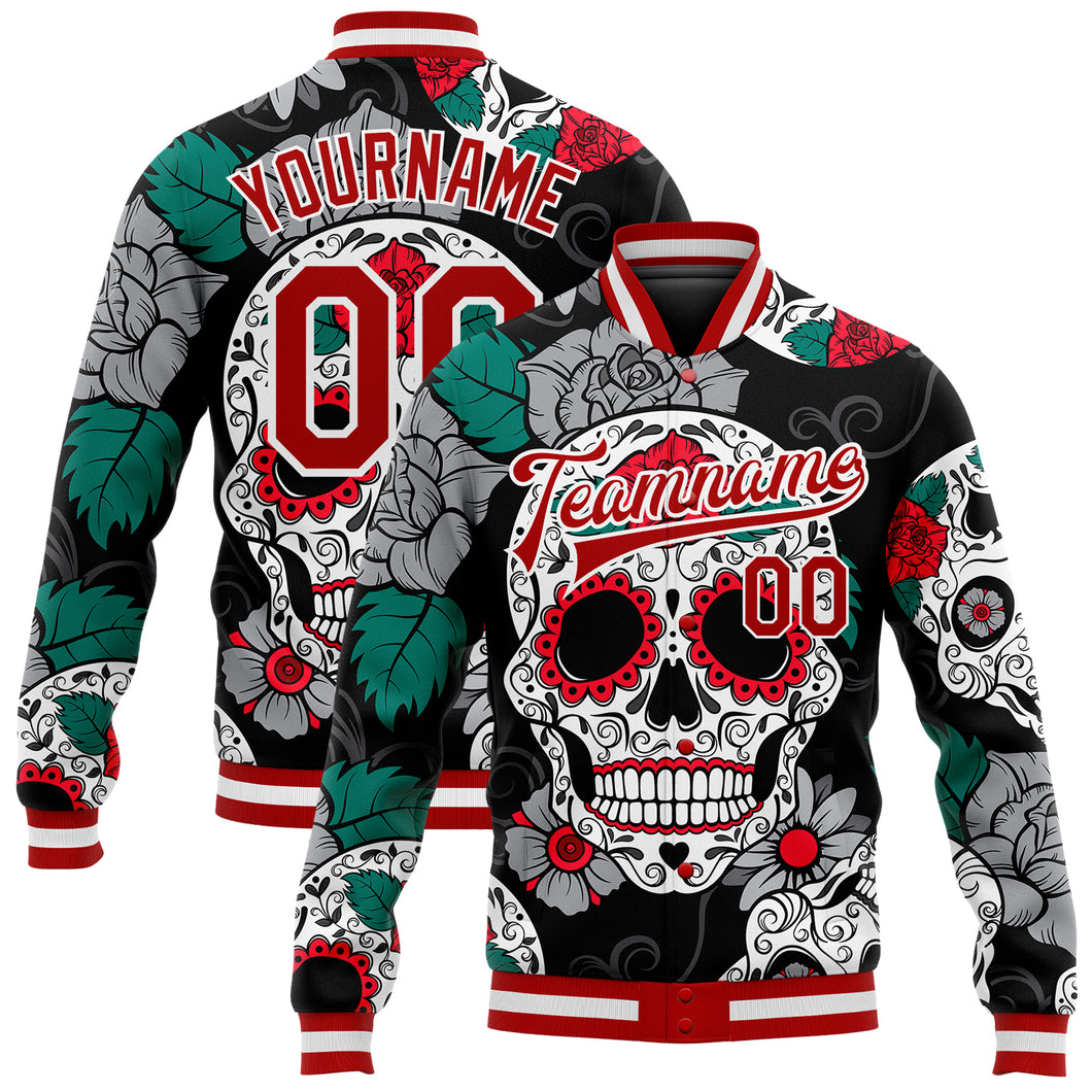 Custom Black Red-White Skull Fashion 3D Bomber Full-Snap Varsity Letterman Jacket