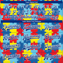 Load image into Gallery viewer, Custom Autism Awareness Puzzle Pieces Royal-White 3D Bomber Full-Snap Varsity Letterman Jacket
