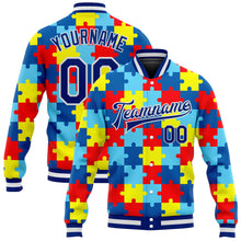 Load image into Gallery viewer, Custom Autism Awareness Puzzle Pieces Royal-White 3D Bomber Full-Snap Varsity Letterman Jacket

