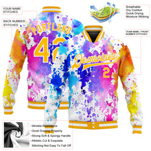 Load image into Gallery viewer, Custom Tie Dye Gold-White Rainbow 3D Bomber Full-Snap Varsity Letterman Jacket

