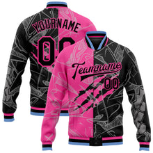 Load image into Gallery viewer, Custom Graffiti Pattern Black Pink-Light Blue Scratch 3D Bomber Full-Snap Varsity Letterman Jacket
