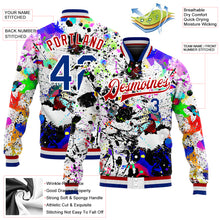 Load image into Gallery viewer, Custom Graffiti Pattern Royal-Red Splashes 3D Bomber Full-Snap Varsity Letterman Jacket
