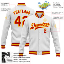 Load image into Gallery viewer, Custom White Red-Gold Bomber Full-Snap Varsity Letterman Jacket
