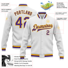 Load image into Gallery viewer, Custom White Purple-Gold Bomber Full-Snap Varsity Letterman Jacket
