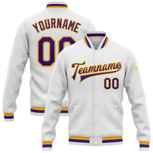 Load image into Gallery viewer, Custom White Purple-Gold Bomber Full-Snap Varsity Letterman Jacket
