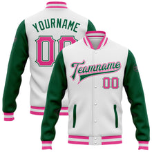 Load image into Gallery viewer, Custom White Pink-Kelly Green Bomber Full-Snap Varsity Letterman Two Tone Jacket
