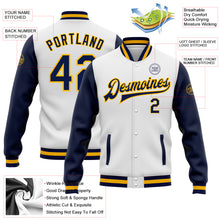 Load image into Gallery viewer, Custom White Navy-Gold Bomber Full-Snap Varsity Letterman Two Tone Jacket
