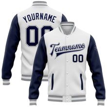 Load image into Gallery viewer, Custom White Navy-Gray Bomber Full-Snap Varsity Letterman Two Tone Jacket
