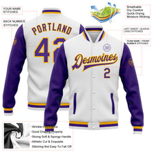 Load image into Gallery viewer, Custom White Purple-Gold Bomber Full-Snap Varsity Letterman Two Tone Jacket
