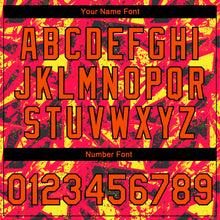 Load image into Gallery viewer, Custom Red Orange Gold-Black 3D Pattern Design Bomber Full-Snap Varsity Letterman Jacket
