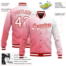 Load image into Gallery viewer, Custom Red White 3D Pattern Design Bomber Full-Snap Varsity Letterman Jacket
