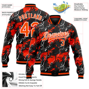 Custom Red Orange-Black 3D Pattern Design Bomber Full-Snap Varsity Letterman Jacket