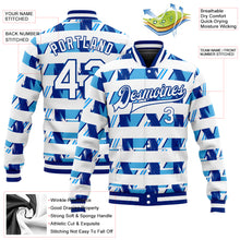 Load image into Gallery viewer, Custom Royal White-Light Blue 3D Pattern Design Bomber Full-Snap Varsity Letterman Jacket
