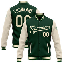 Load image into Gallery viewer, Custom Green Cream Bomber Full-Snap Varsity Letterman Two Tone Jacket
