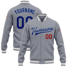 Load image into Gallery viewer, Custom Gray Royal-Red Bomber Full-Snap Varsity Letterman Jacket

