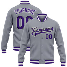 Load image into Gallery viewer, Custom Gray Purple-Black Bomber Full-Snap Varsity Letterman Jacket
