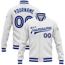 Load image into Gallery viewer, Custom White White-Royal Bomber Full-Snap Varsity Letterman Jacket
