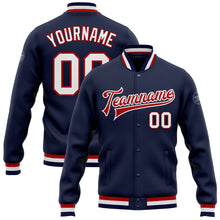 Load image into Gallery viewer, Custom Navy White-Red Bomber Full-Snap Varsity Letterman Jacket
