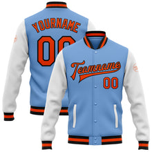 Load image into Gallery viewer, Custom Light Blue Orange-Black Bomber Full-Snap Varsity Letterman Two Tone Jacket
