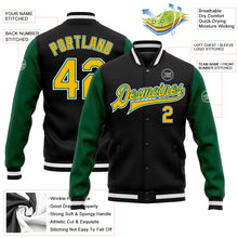 Load image into Gallery viewer, Custom Black Gold-Kelly Green Bomber Full-Snap Varsity Letterman Two Tone Jacket
