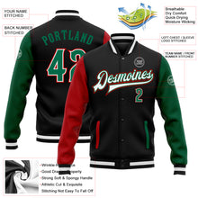 Load image into Gallery viewer, Custom Black Kelly Green-Red Bomber Full-Snap Varsity Letterman Two Tone Jacket
