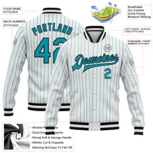 Load image into Gallery viewer, Custom White Teal Pinstripe Teal-Black Bomber Full-Snap Varsity Letterman Jacket
