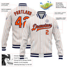 Load image into Gallery viewer, Custom White Orange Pinstripe Orange-Navy Bomber Full-Snap Varsity Letterman Jacket
