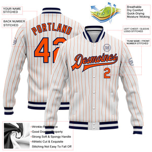 Custom White Orange Pinstripe Orange-Navy Bomber Full-Snap Varsity Letterman Jacket