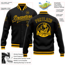 Load image into Gallery viewer, Custom Black Black-Gold Bomber Full-Snap Varsity Letterman Jacket
