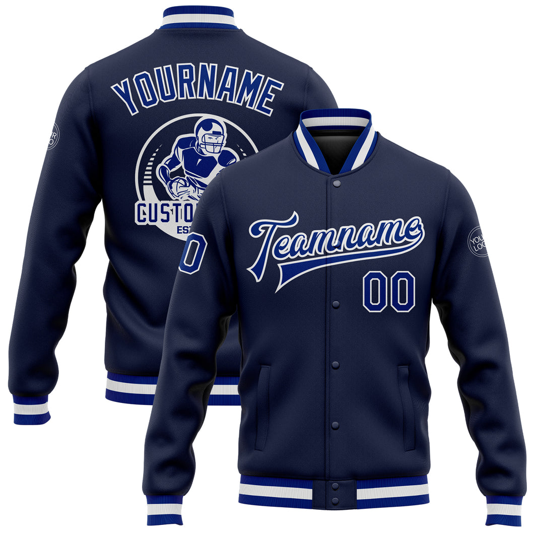 Custom Navy Royal-White Bomber Full-Snap Varsity Letterman Jacket