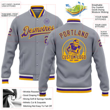 Load image into Gallery viewer, Custom Gray Purple-Gold Bomber Full-Snap Varsity Letterman Jacket
