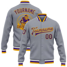 Load image into Gallery viewer, Custom Gray Purple-Gold Bomber Full-Snap Varsity Letterman Jacket
