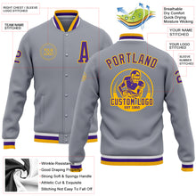 Load image into Gallery viewer, Custom Gray Purple-Gold Bomber Full-Snap Varsity Letterman Jacket
