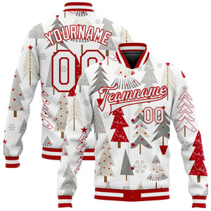 Custom White White Red-Gray Christmas 3D Bomber Full-Snap Varsity Letterman Jacket