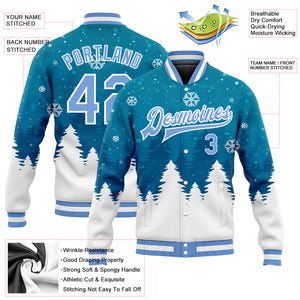 Custom Teal Light Blue-White Christmas 3D Bomber Full-Snap Varsity Letterman Jacket